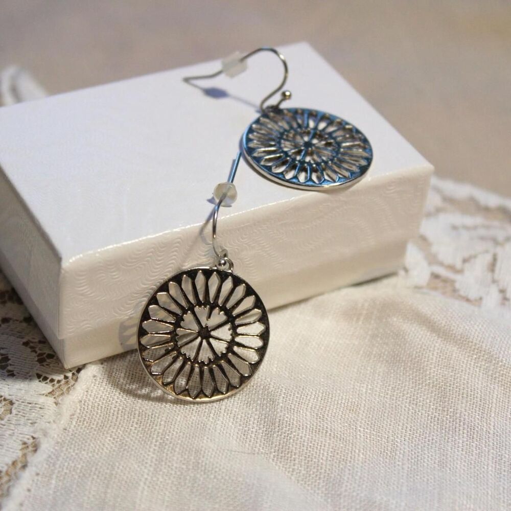Boho silver-tone small disk shaped earrings